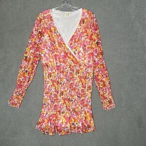 Peach Love Mini Dress Sz Large Faux Wrap Ditsy Floral Smocked Cottagecore Ruffle